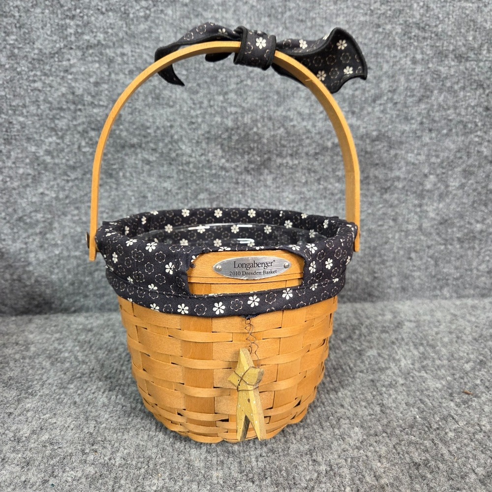 Longaberger 2010 Dresden Basket W/‎ Black Flower Star Fabric Liner, & Protector